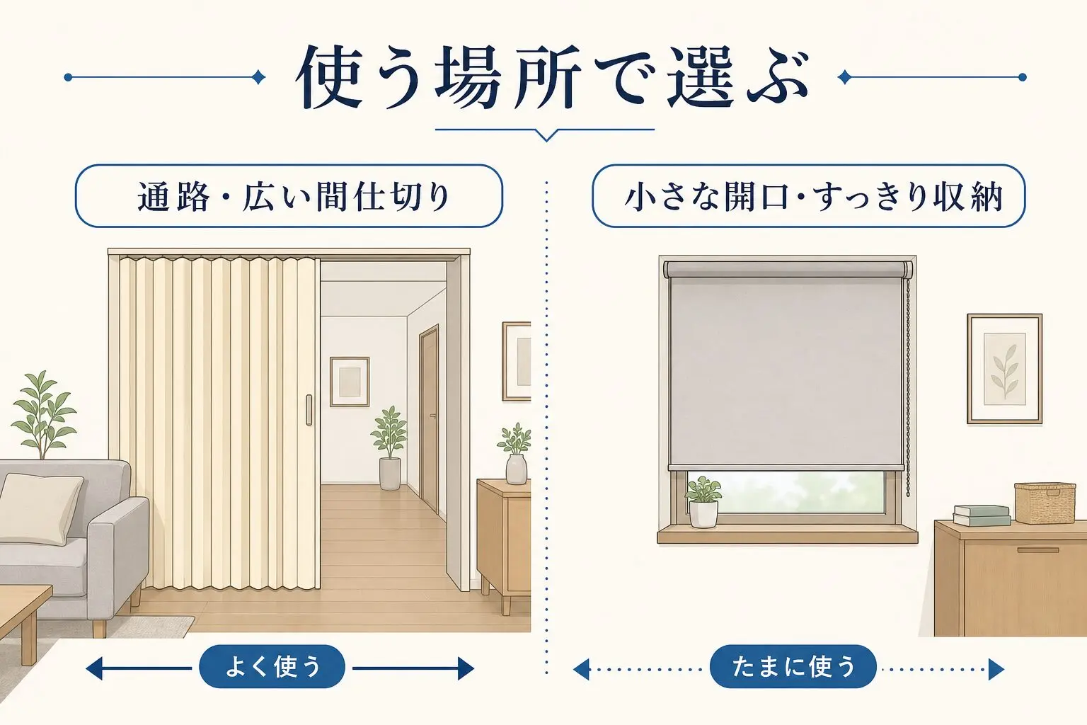 通路や広い間仕切りと小さな開口で向く製品を比較した図