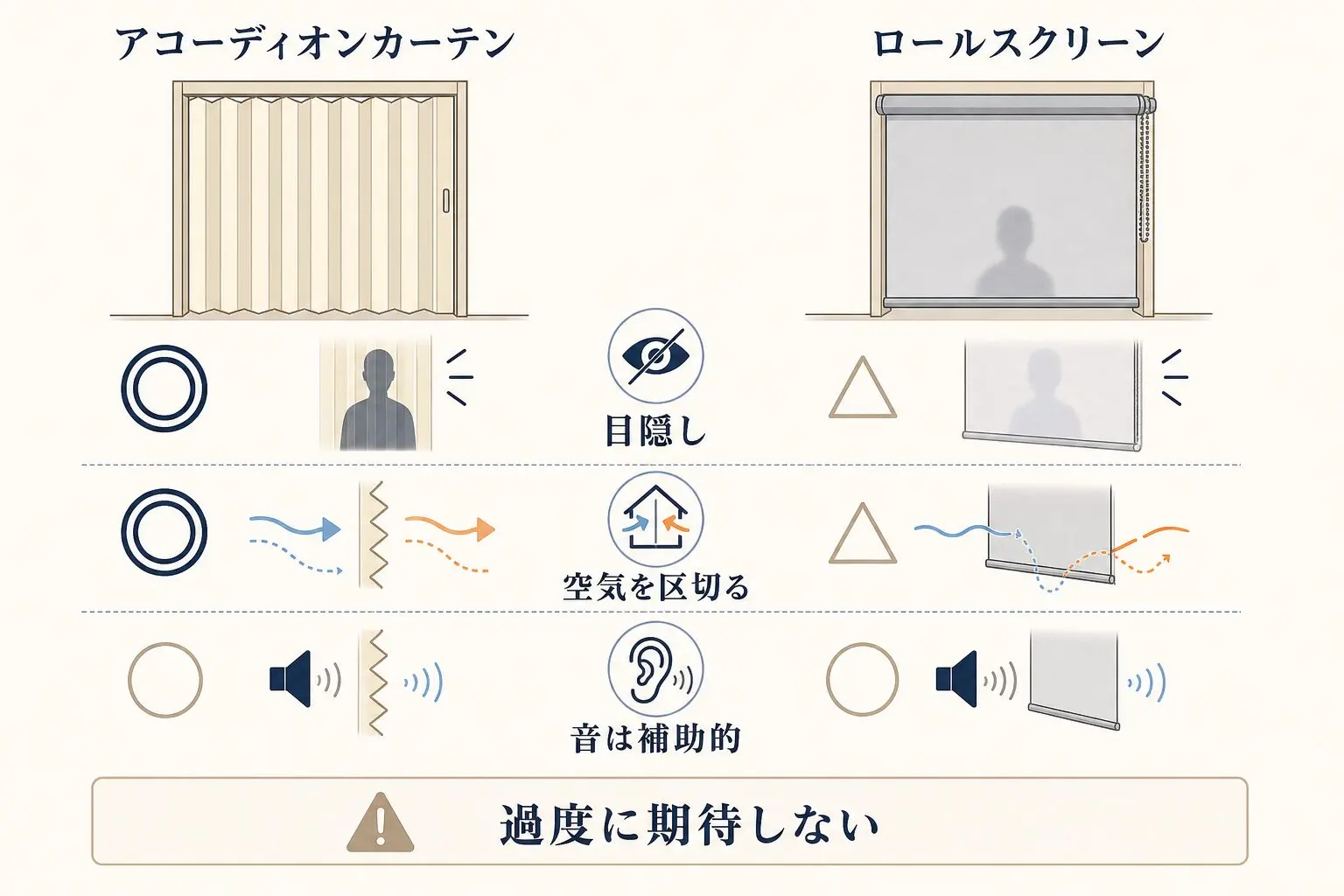 目隠し・空気の区切り・音への期待を2製品で比較した図