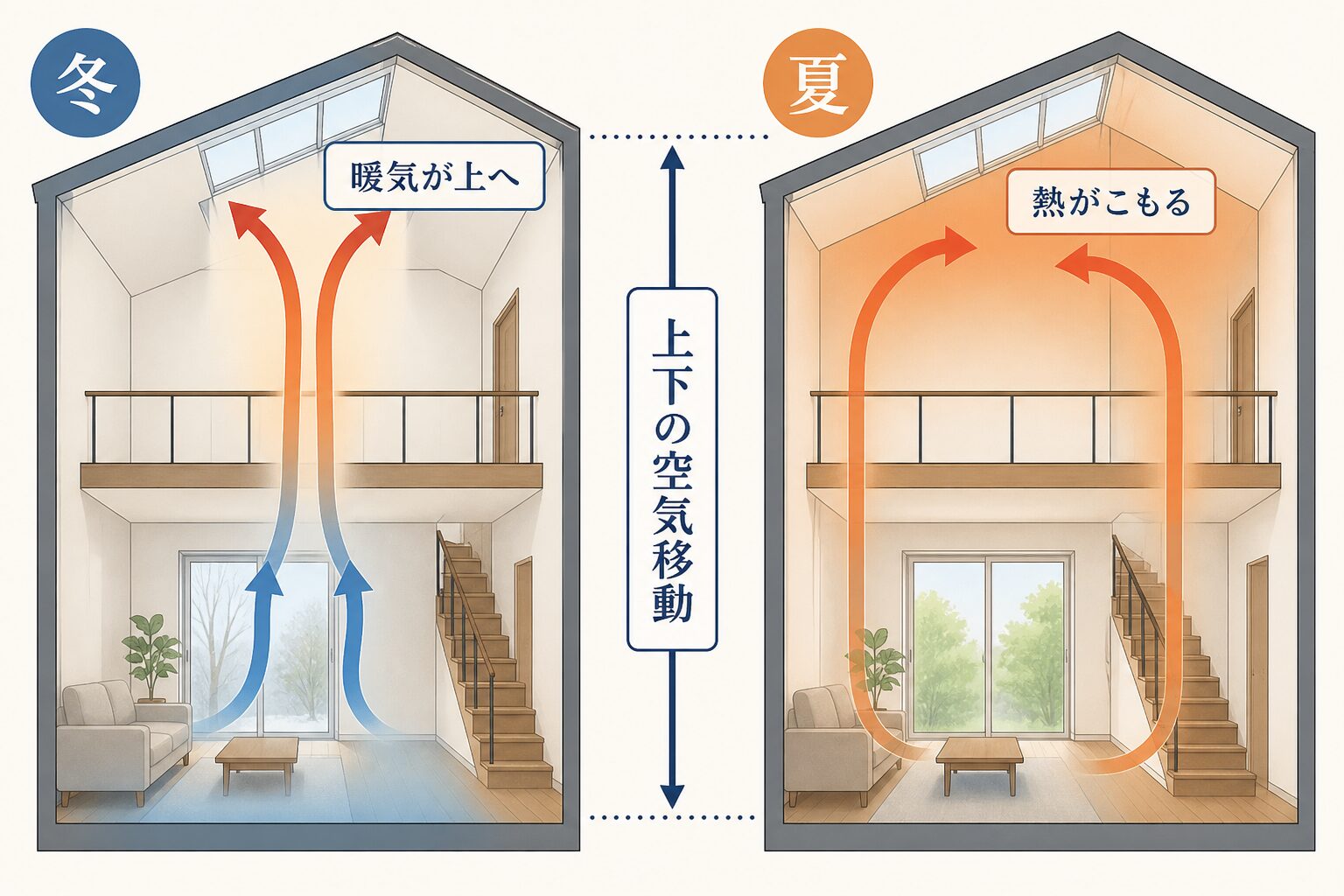 冬の暖気上昇と夏の熱だまりを2階建て空間で示す図