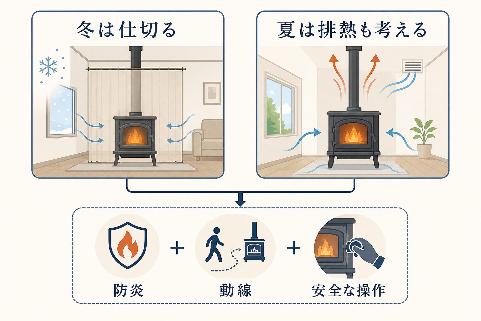 冬の仕切り・夏の排熱と防炎・動線・安全操作を示す図