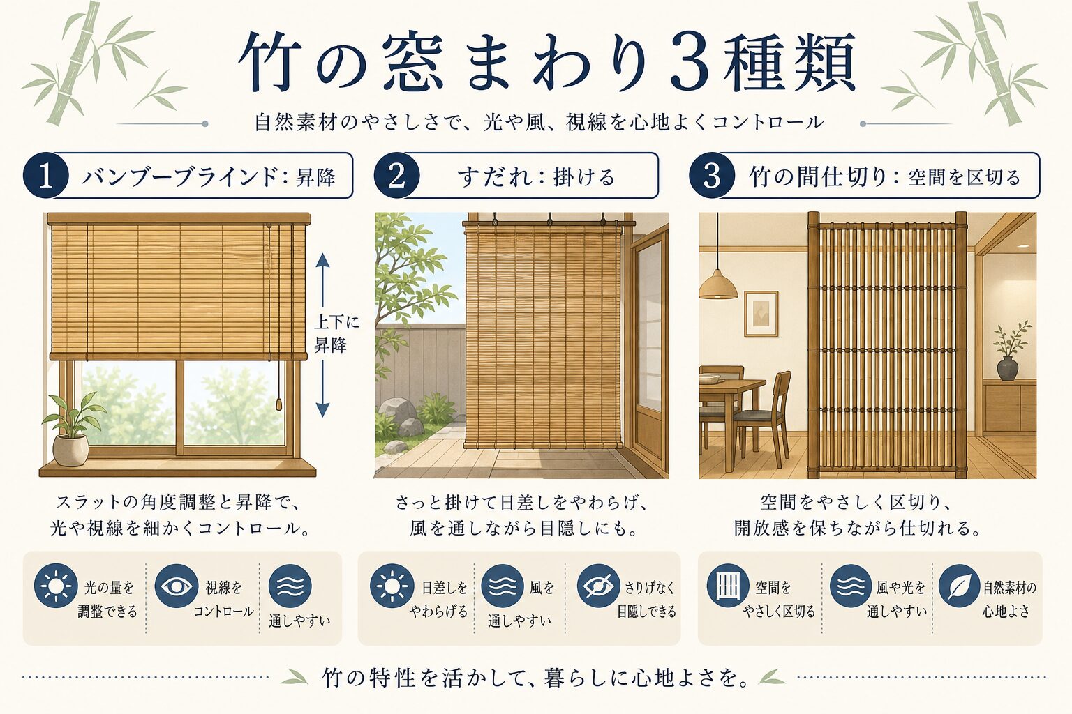 バンブーブラインド・すだれ・竹間仕切りの違い
