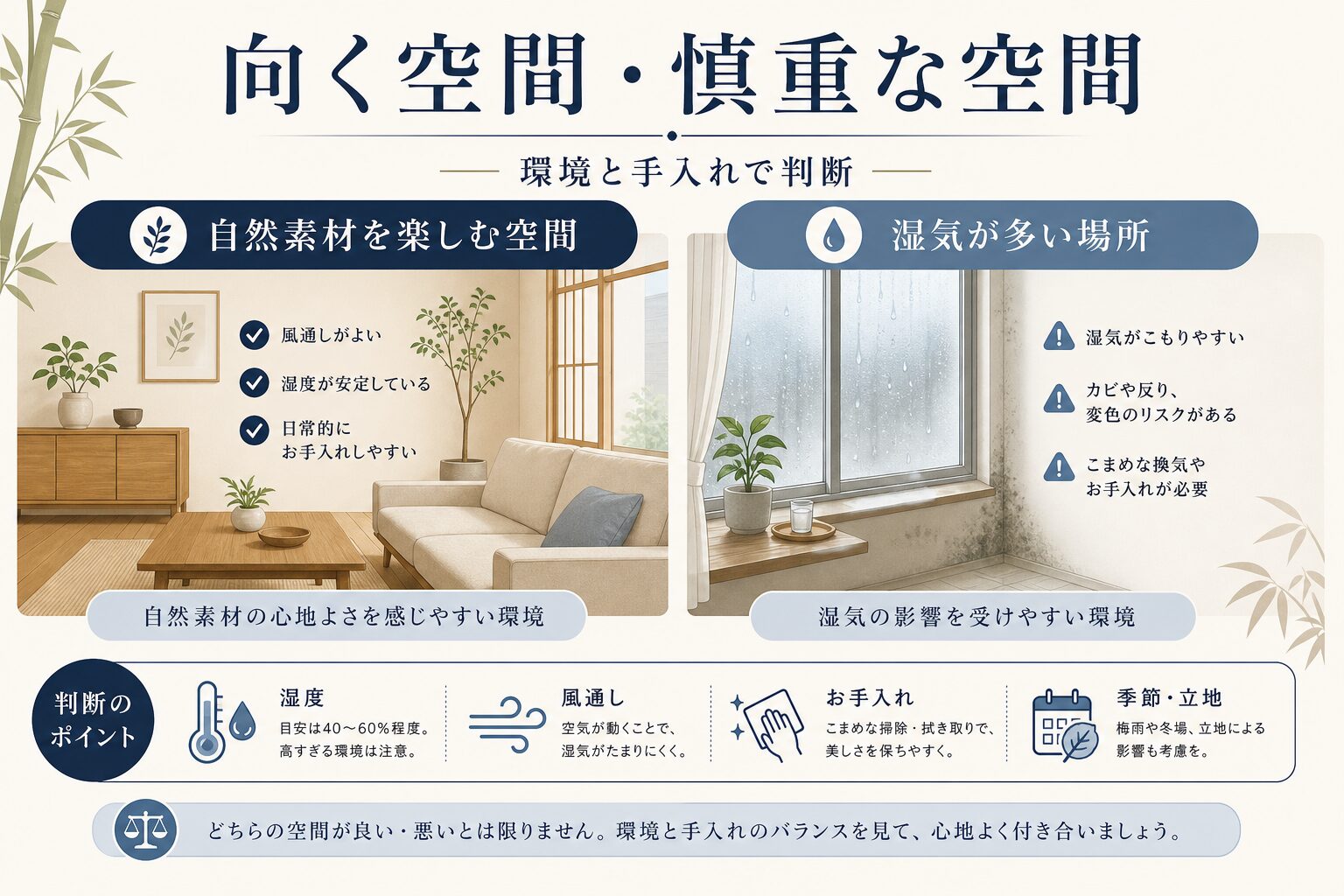 竹製ブラインドが向く空間と湿気の多い場所