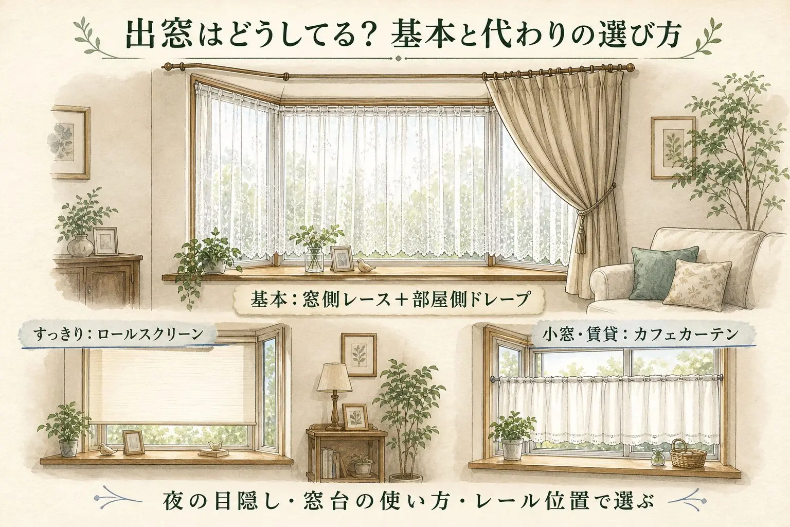 出窓の窓側レースと部屋側ドレープを基本にロールスクリーンとカフェカーテンを比較