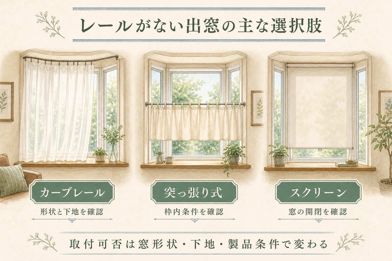 レールがない出窓で検討するカーブレール・突っ張り式・スクリーンの比較