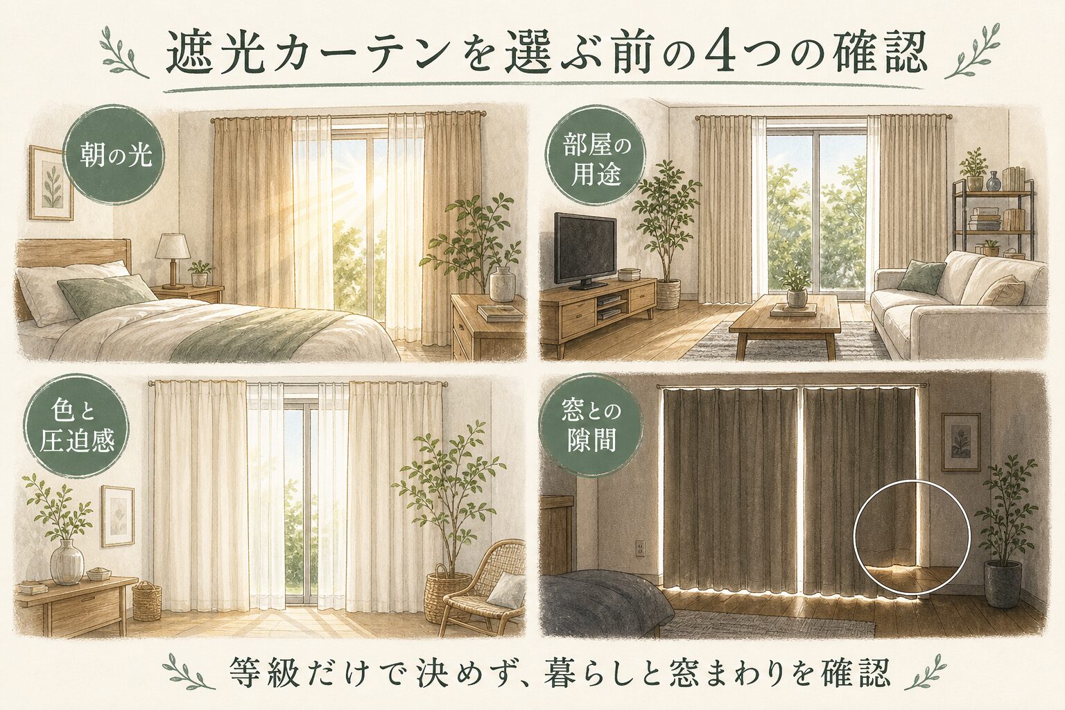 遮光カーテン選びで確認したい朝の光・部屋の用途・色と圧迫感・窓との隙間