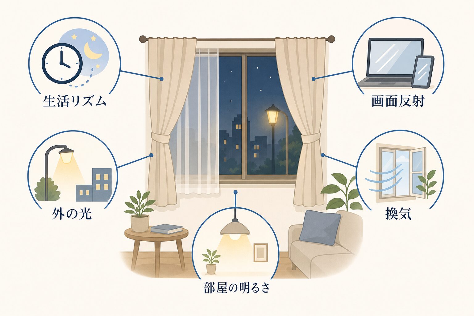 生活リズム・外の光・画面反射・部屋の明るさ・換気の確認図