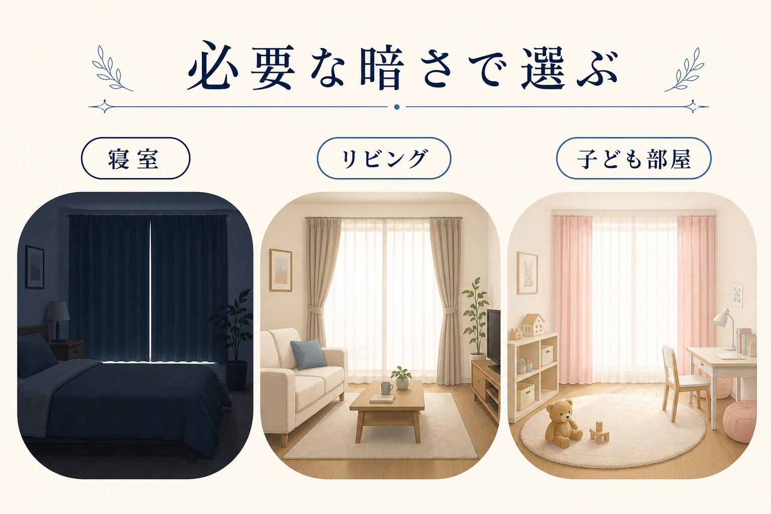 寝室・リビング・子ども部屋で必要な暗さを比較した図