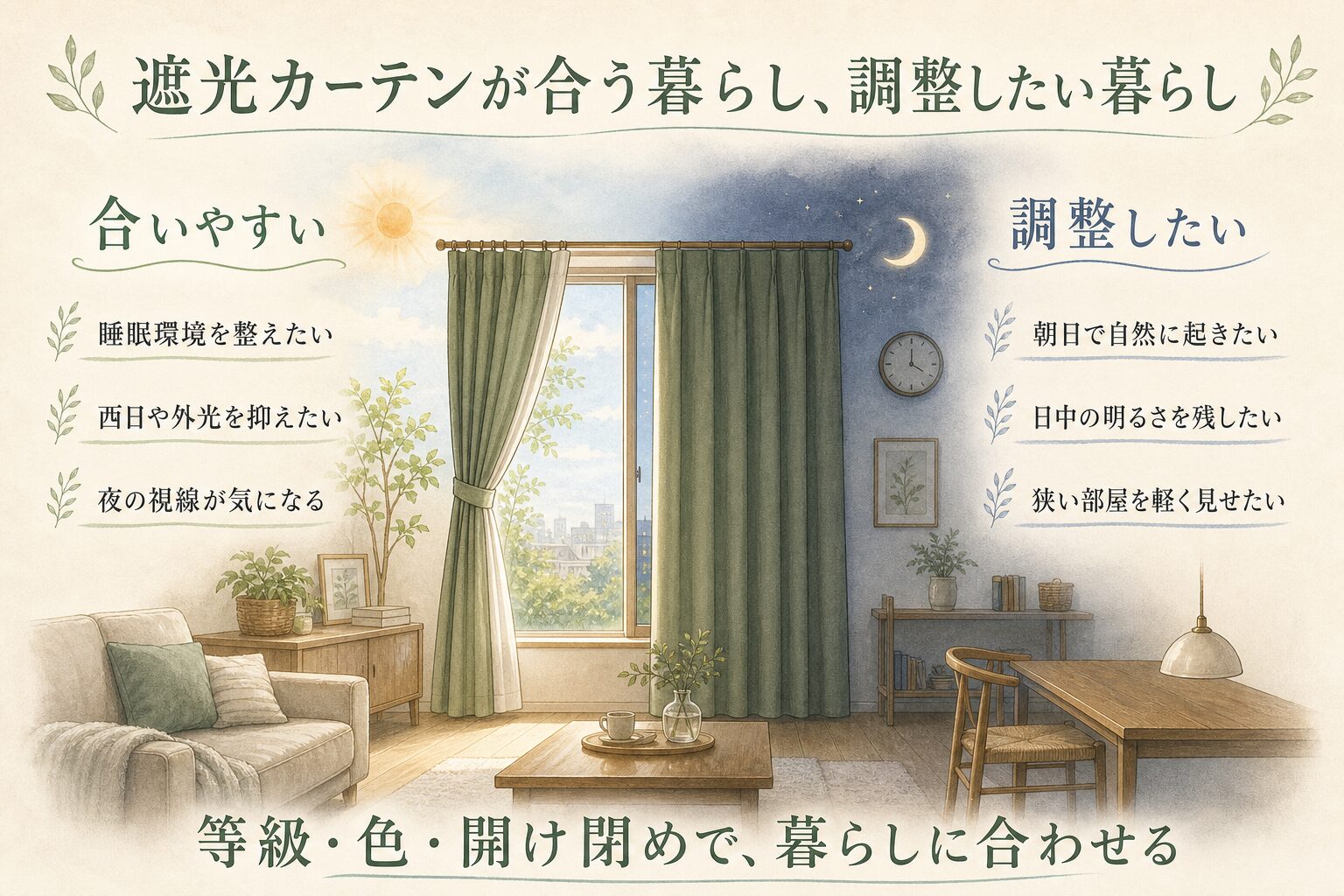 遮光カーテンが合いやすい暮らしと等級や色を調整したい暮らしの比較