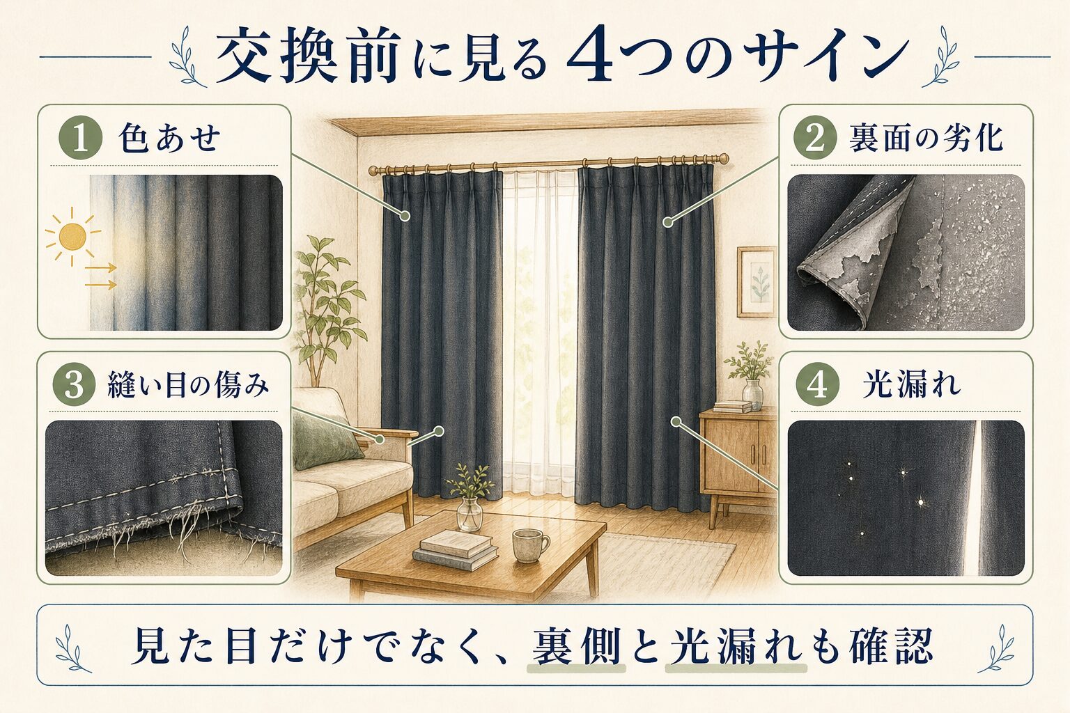 遮光カーテンの交換前に確認する色あせ・裏面劣化・縫い目・光漏れ