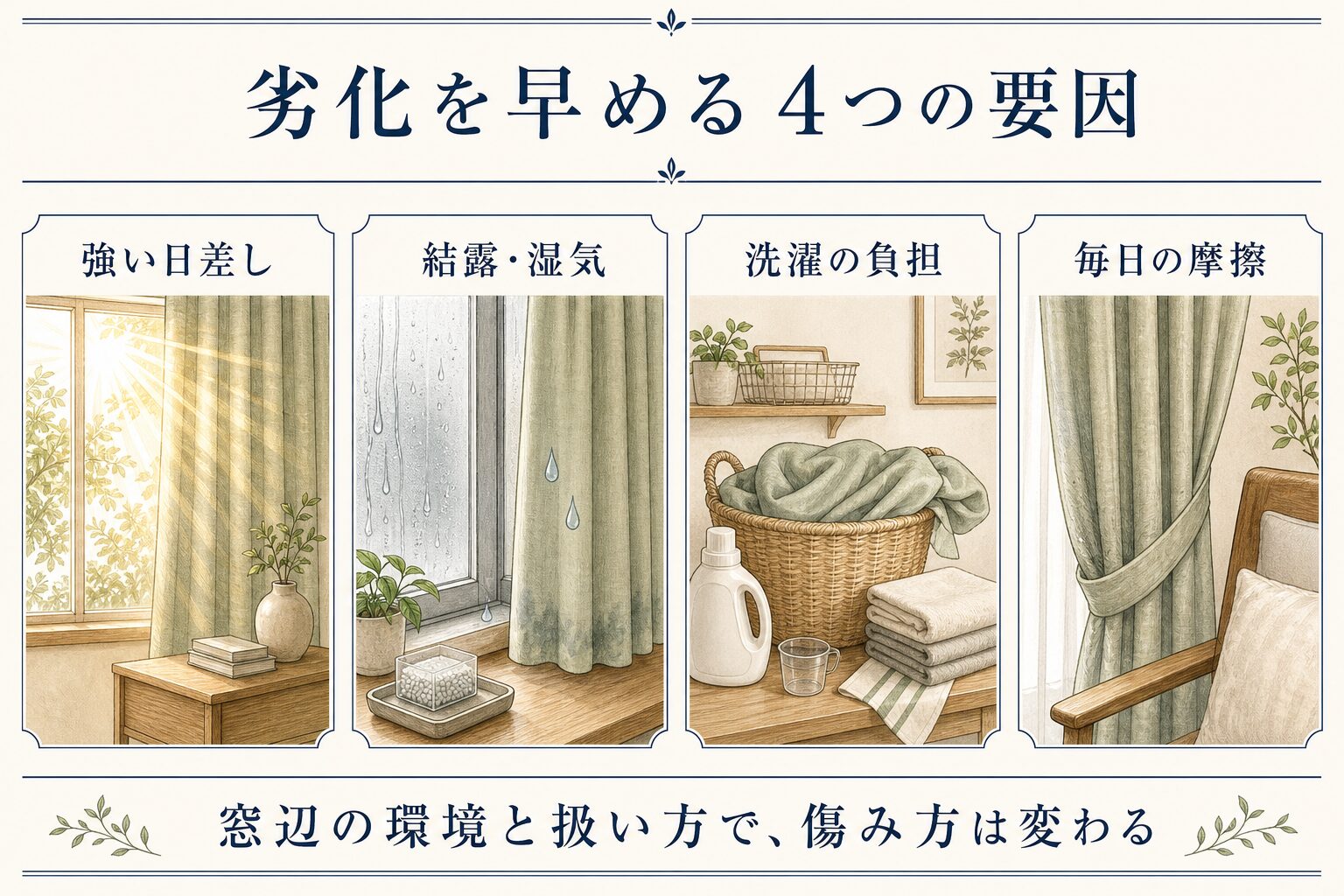 遮光カーテンの劣化を早める日差し・湿気・洗濯・摩擦
