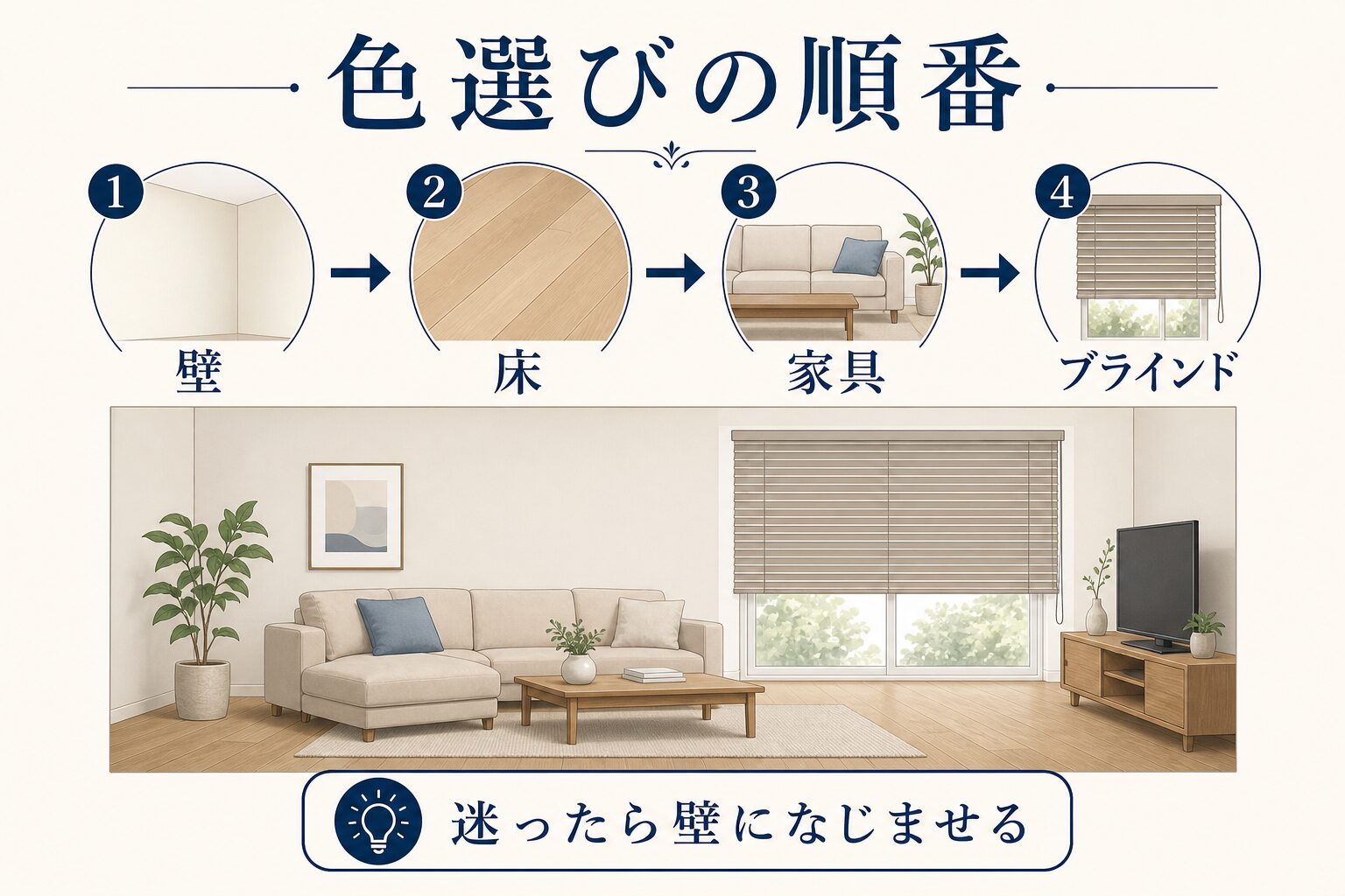 壁・床・家具・ブラインドの順に色を決める考え方