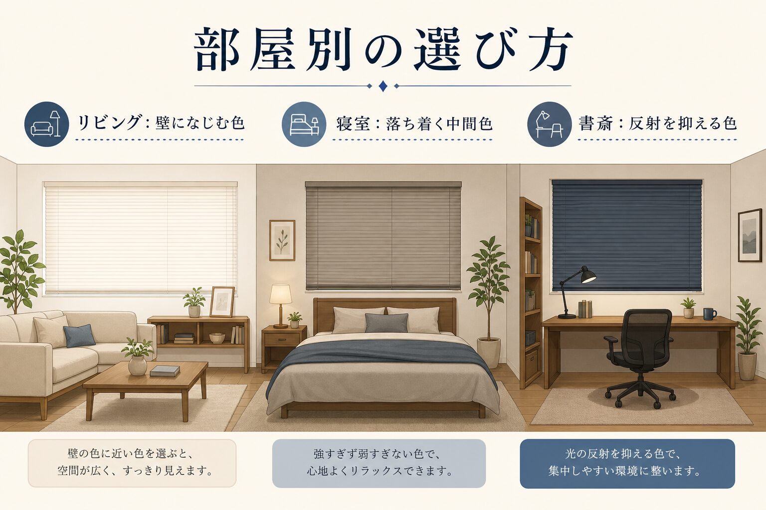 リビング・寝室・書斎に合わせたブラインド色の選び方