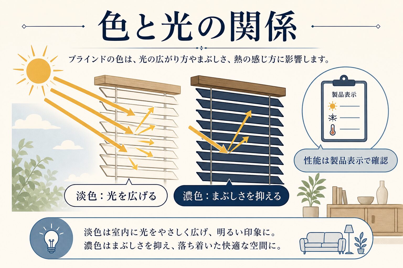 淡色と濃色のブラインドで変わる光の見え方