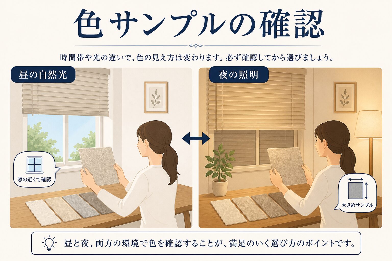昼の自然光と夜の照明でブラインド色サンプルを確認する方法