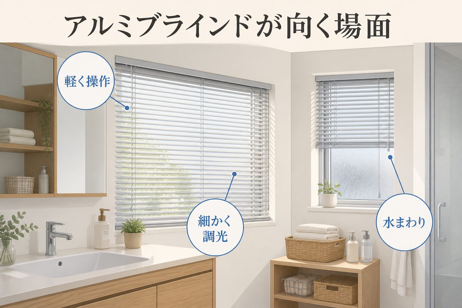 軽い操作・細かな調光・水まわりを示したアルミブラインド図解
