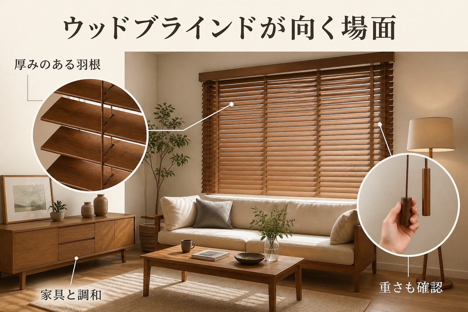 家具との調和・厚い羽根・操作の重さを示した図解