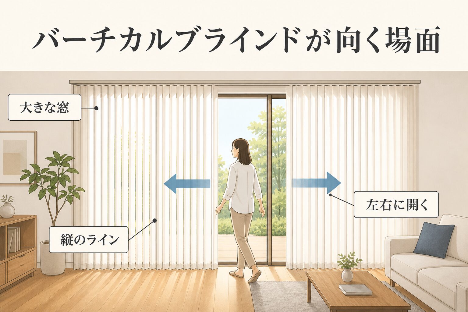大きな窓で縦のラインと左右開閉を示した図解