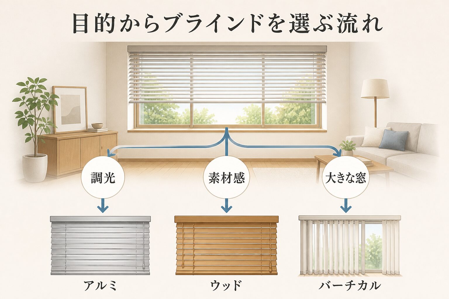 調光・素材感・大きな窓からブラインド三種類へ分岐する図解