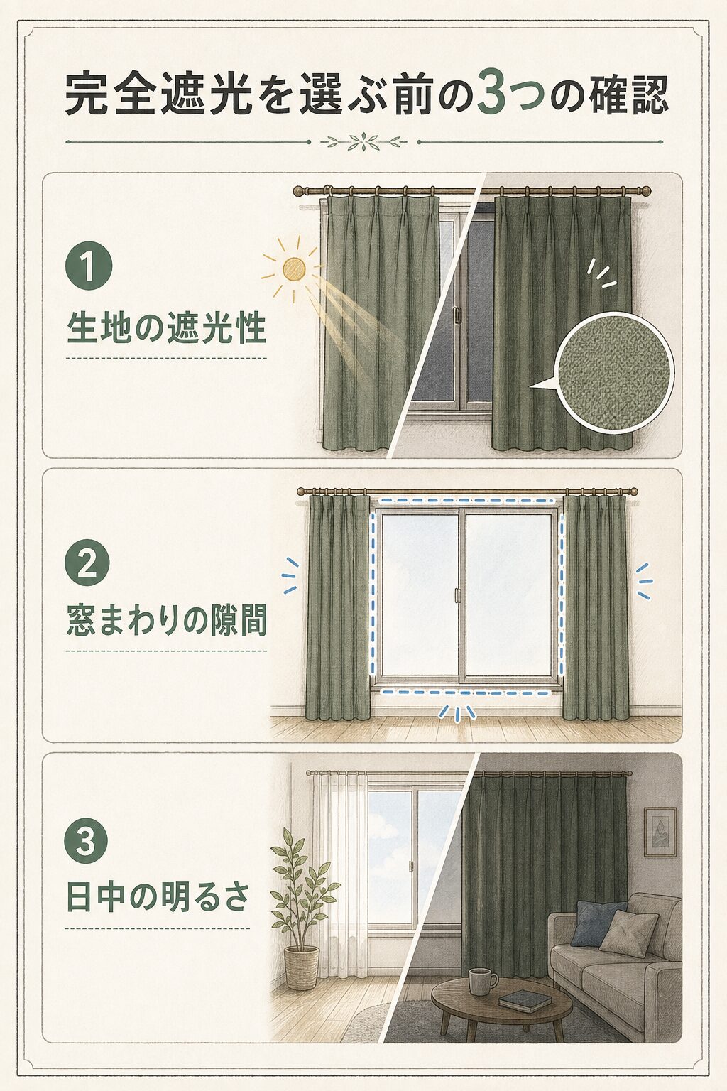 完全遮光を選ぶ前に生地の遮光性・窓まわりの隙間・日中の明るさを確認する図解