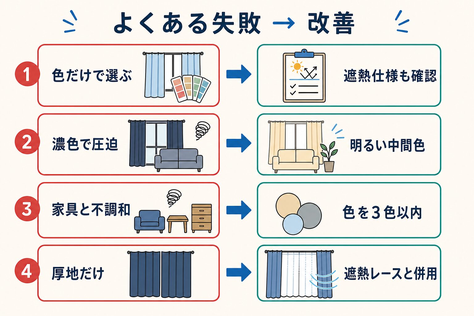 遮熱カーテンの配色でよくある失敗と改善例