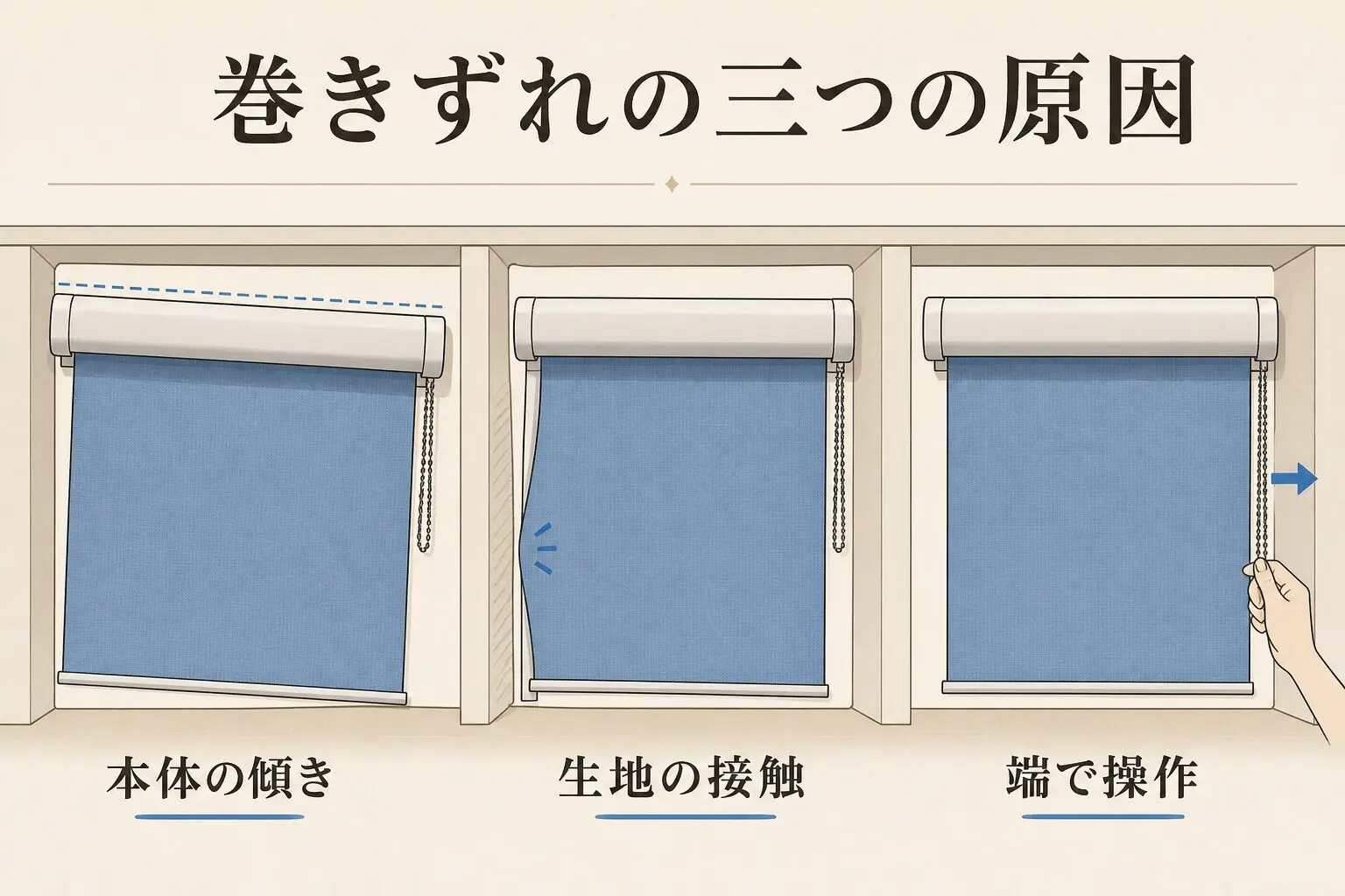 本体の傾き・生地の接触・端での操作を示した巻きずれ原因図解