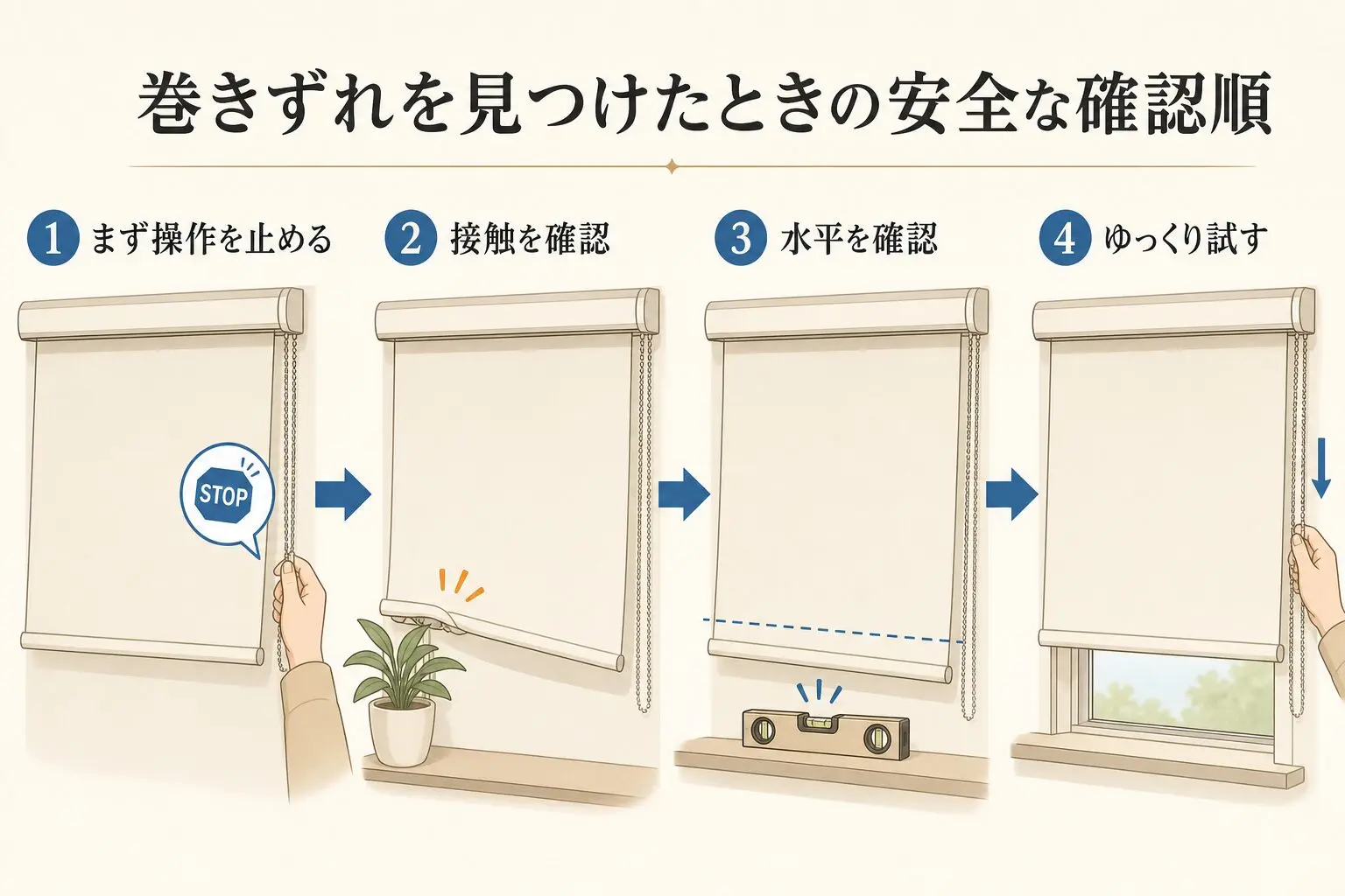 操作停止・接触確認・水平確認・試運転の順を示した図解