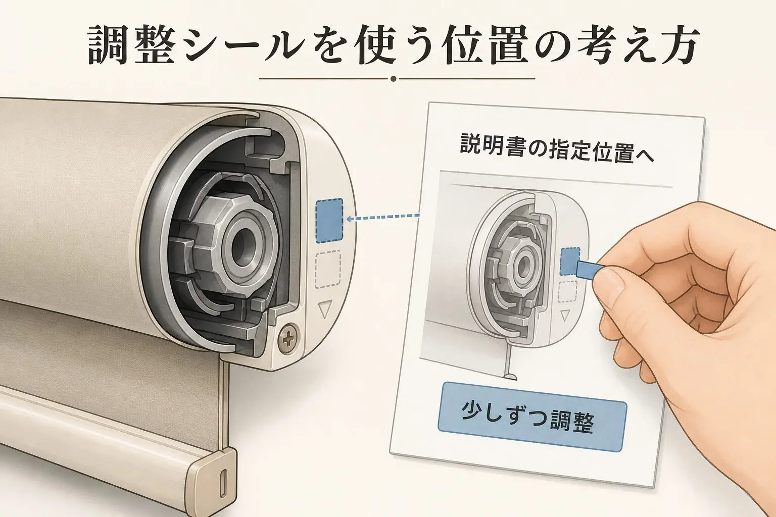 説明書の指定位置へ調整シールを少しずつ貼る図解