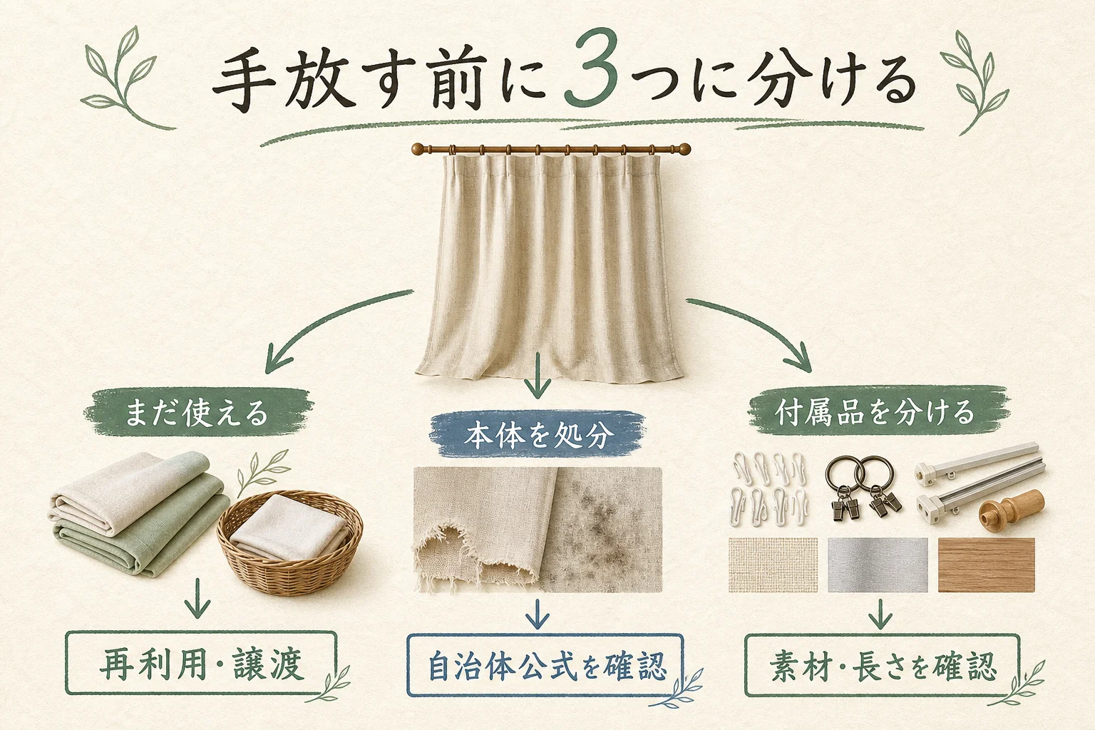 カーテンを手放す前に、まだ使える、本体を処分、付属品を分けるの3方向へ判断する図解