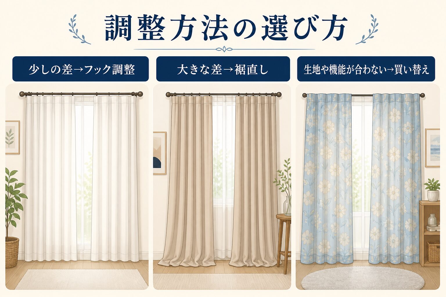 カーテン丈の差と機能から調整方法を選ぶ図解