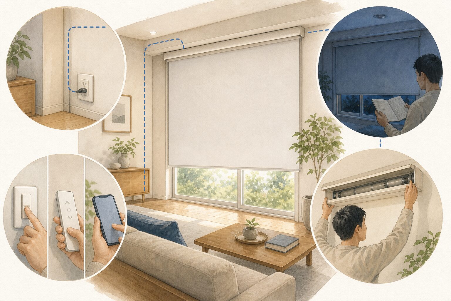 電動ロールスクリーンの電源・操作方法・停電時確認・修理アクセスを示した図解