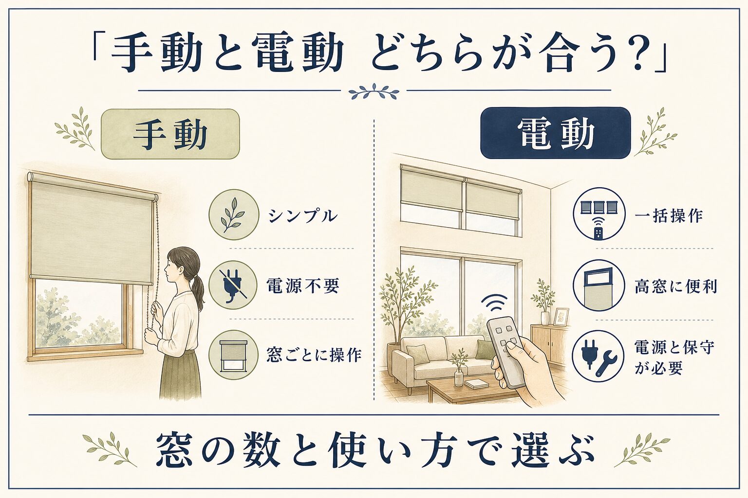 手動と電動ロールスクリーンの違い
