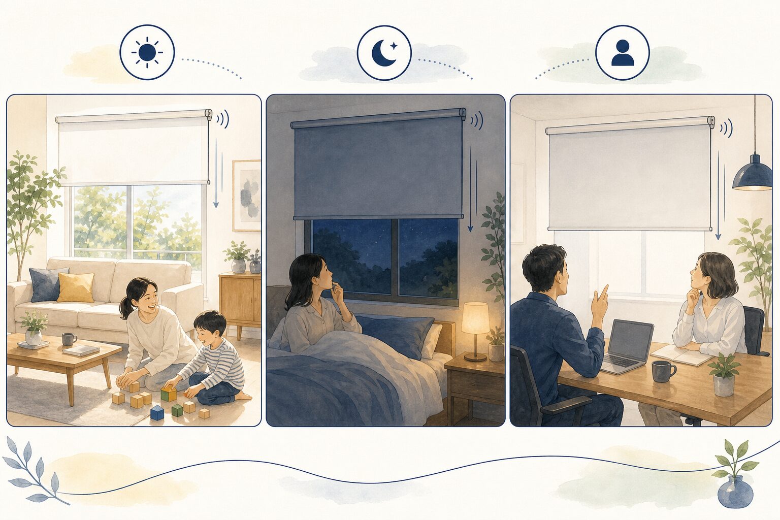 昼のリビングと夜の寝室と静かな仕事部屋で動作音の感じ方が異なることを示す図