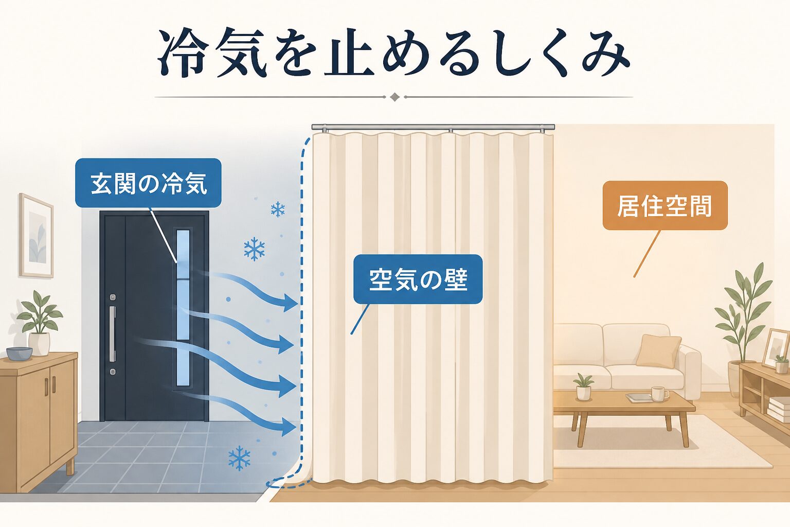 玄関の冷気を間仕切りカーテンで遮る仕組み