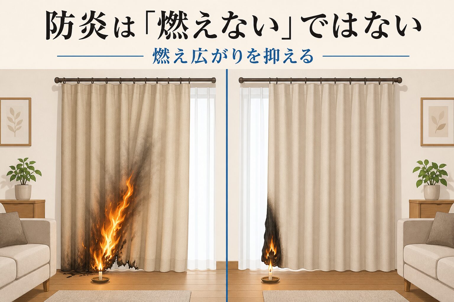 通常カーテンと防炎カーテンで炎の燃え広がり方を比較した図解