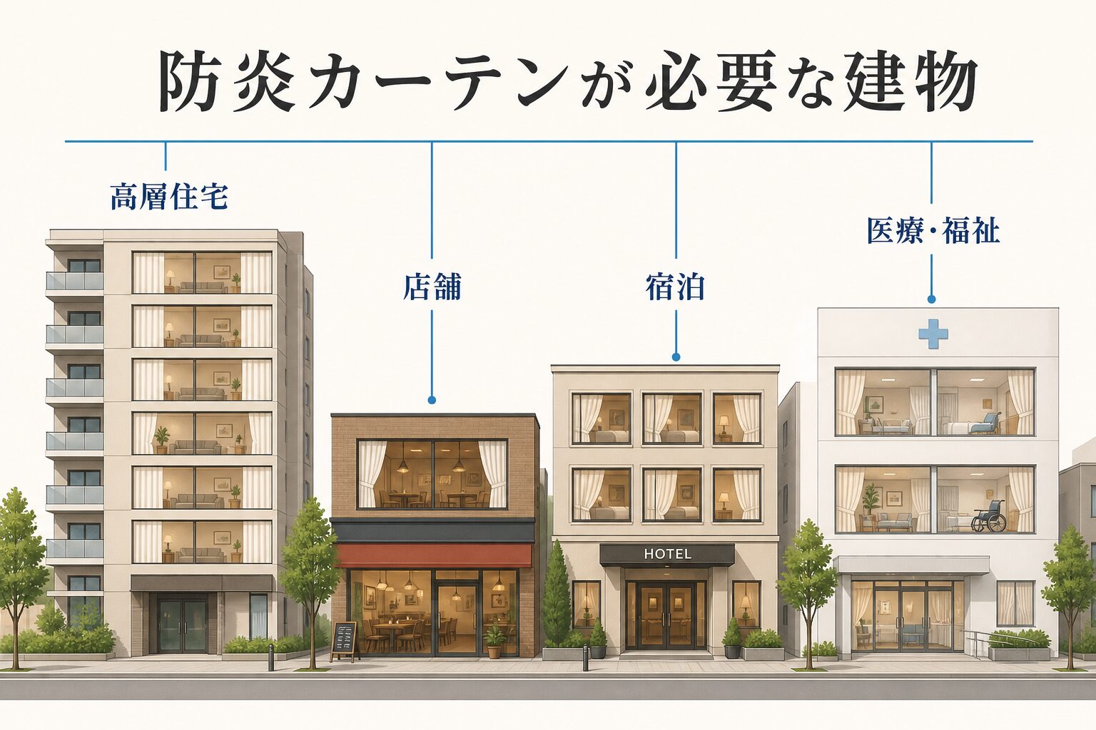 高層住宅・店舗・宿泊施設・医療福祉施設を示した防炎カーテン対象建物の図解