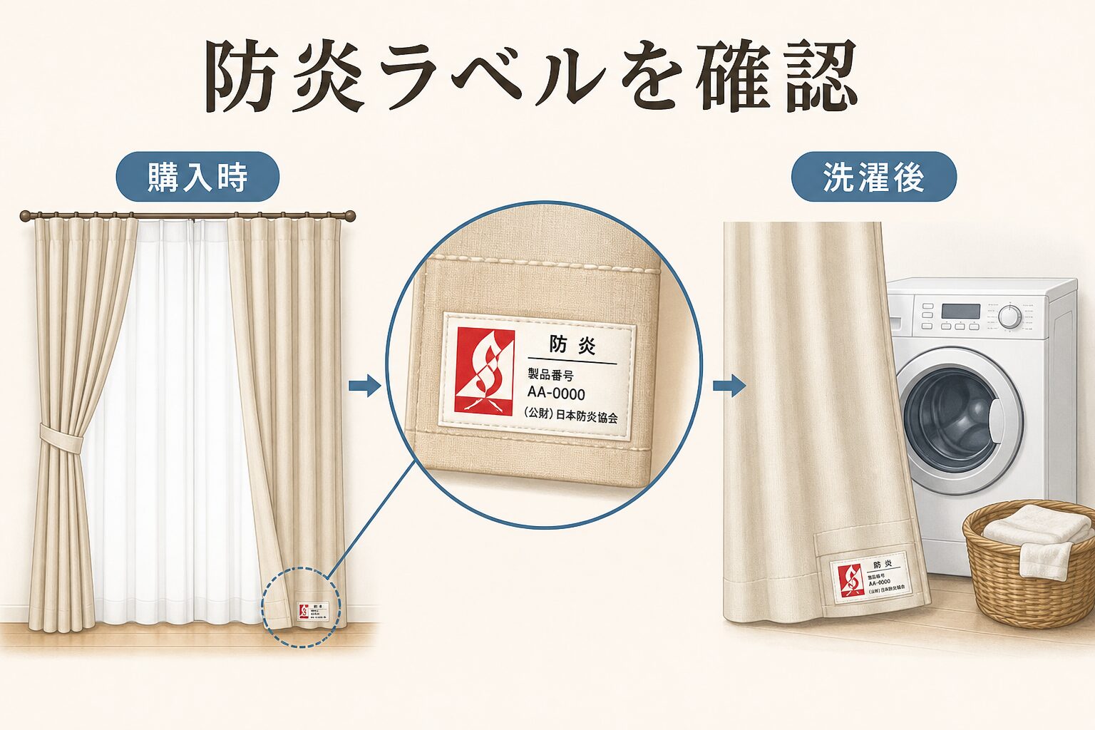カーテンの裾に付いた防炎ラベルを購入時と洗濯後に確認する図解