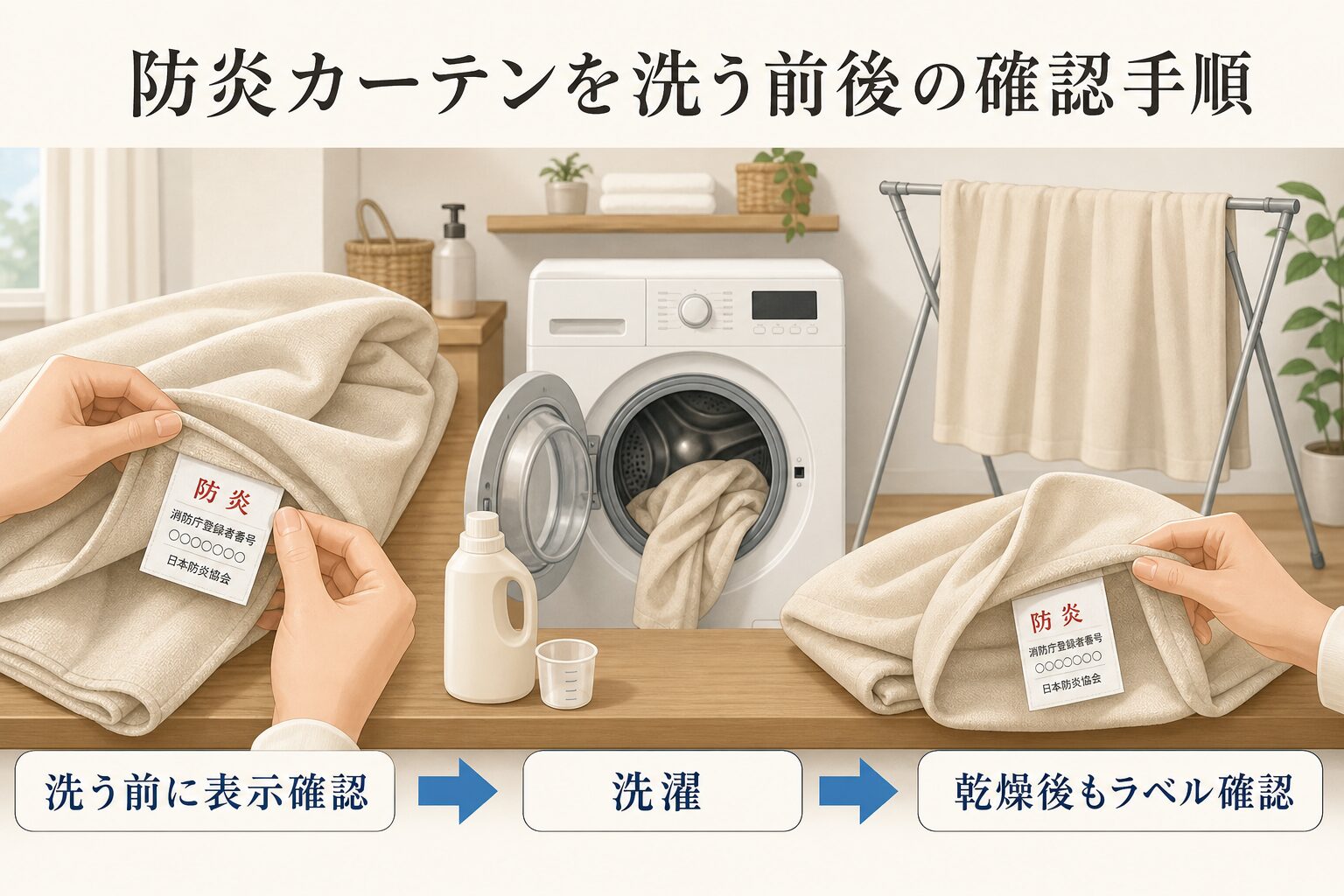 表示確認から洗濯・乾燥後のラベル確認までを示した図解
