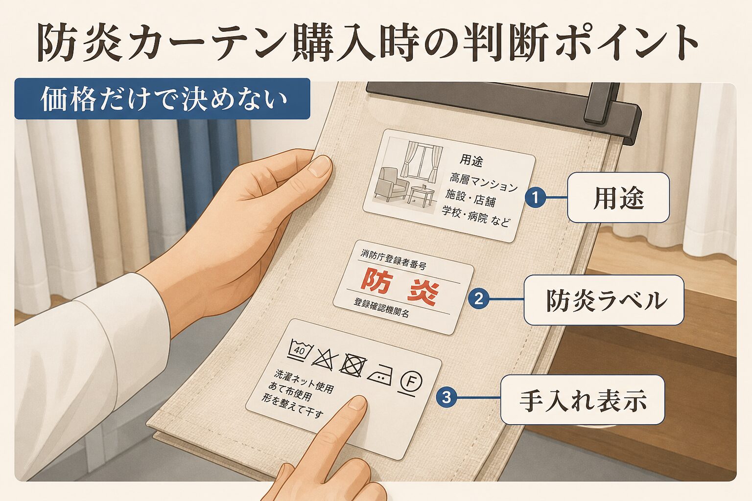 用途・防炎ラベル・手入れ表示を価格以外にも確認する購入チェック図解