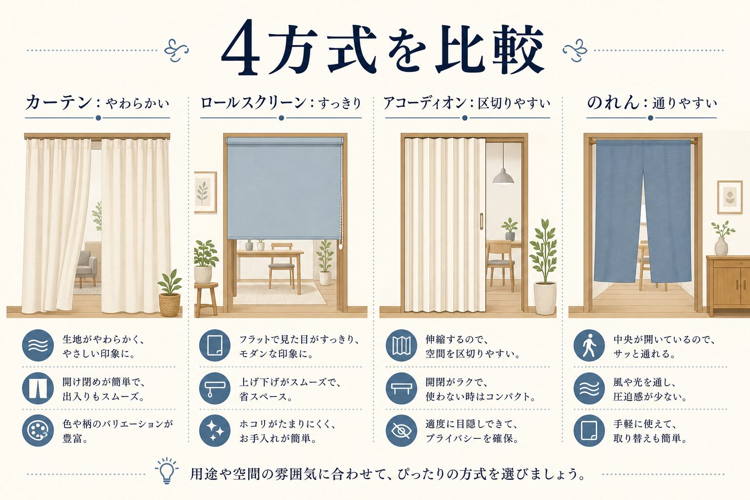 カーテン・ロールスクリーン・アコーディオン・のれんの比較