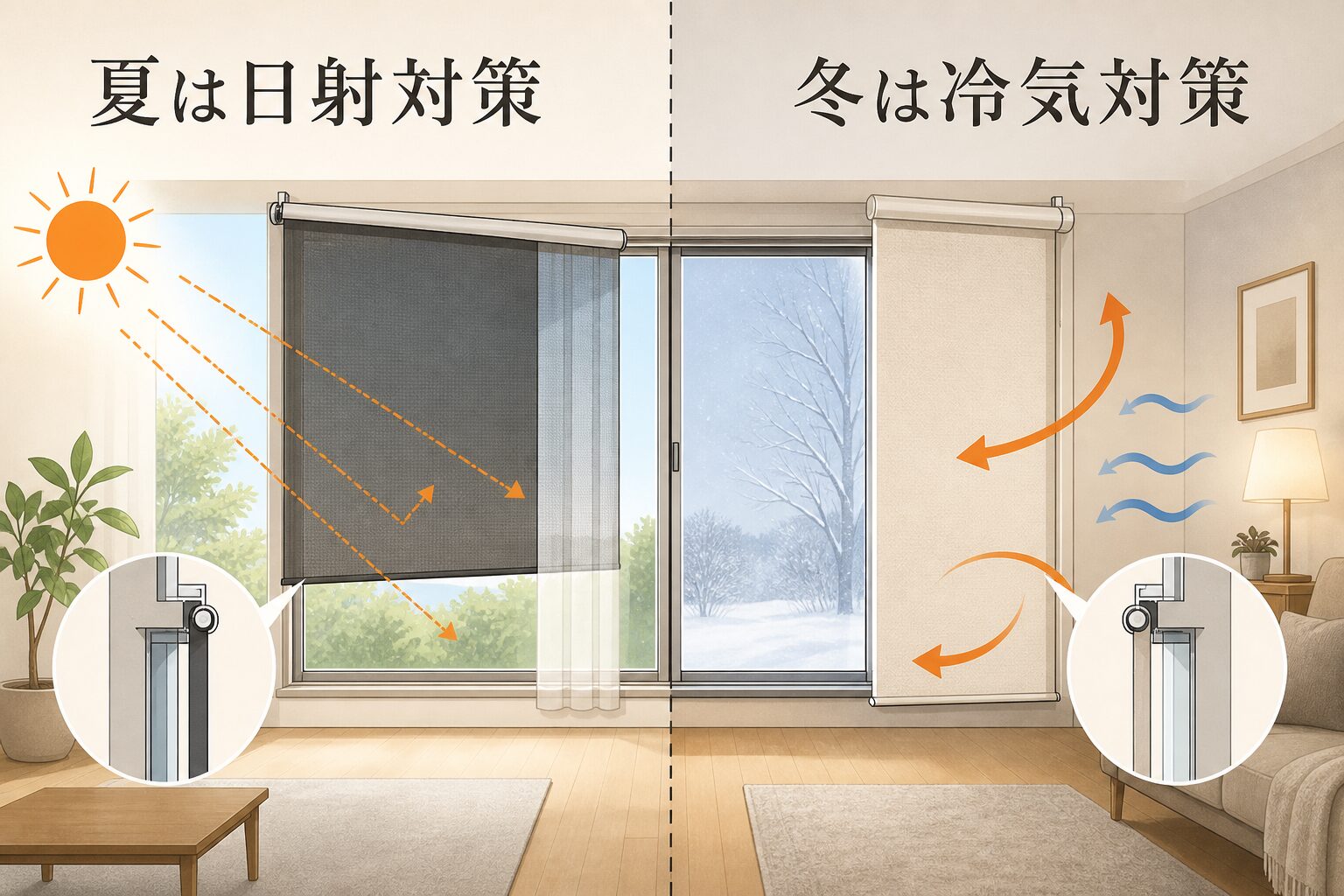 夏の日射対策と冬の冷気対策を同じ窓で比較した図解