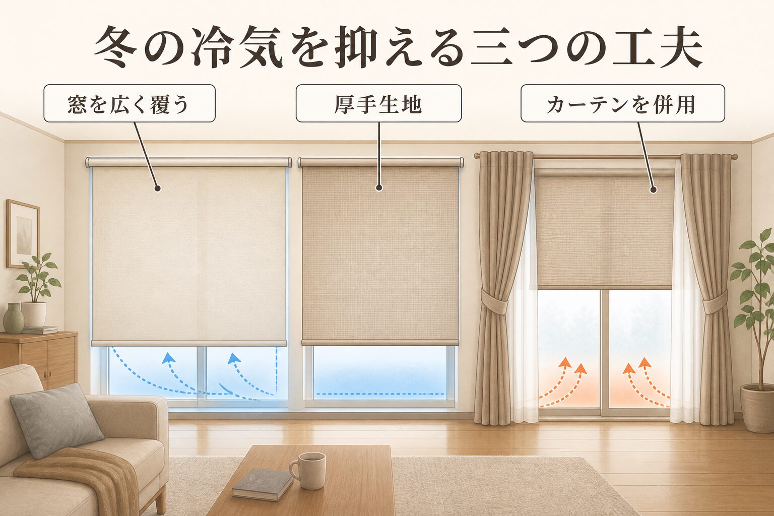 窓を広く覆う・厚手生地・カーテン併用を示した図解