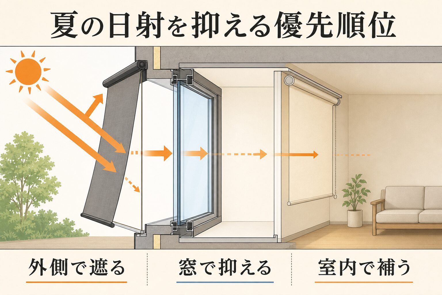 外側・窓・室内の順に日射を抑える位置関係を示した図解