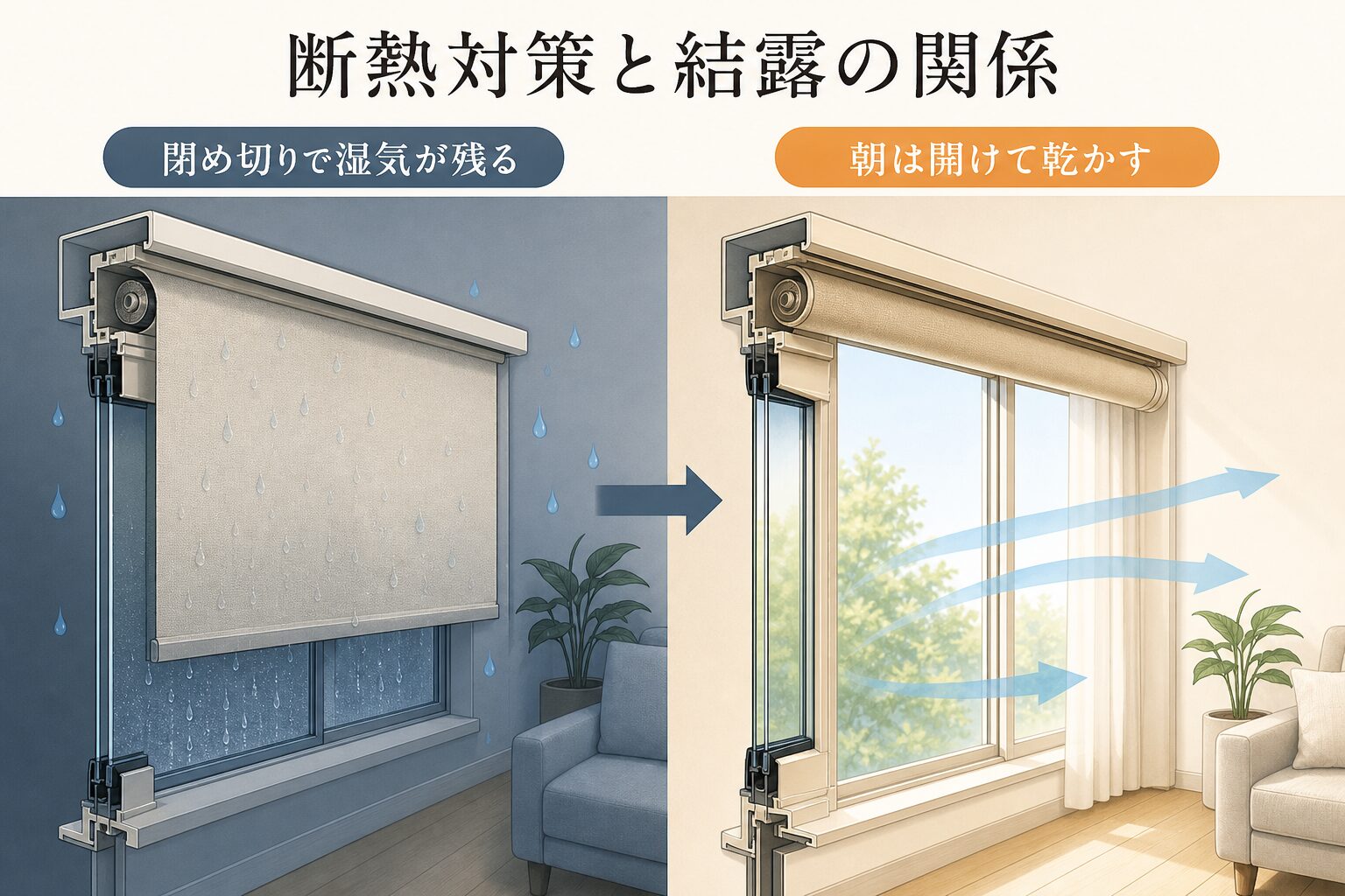 閉め切った窓の湿気と朝の換気・乾燥を示した図解