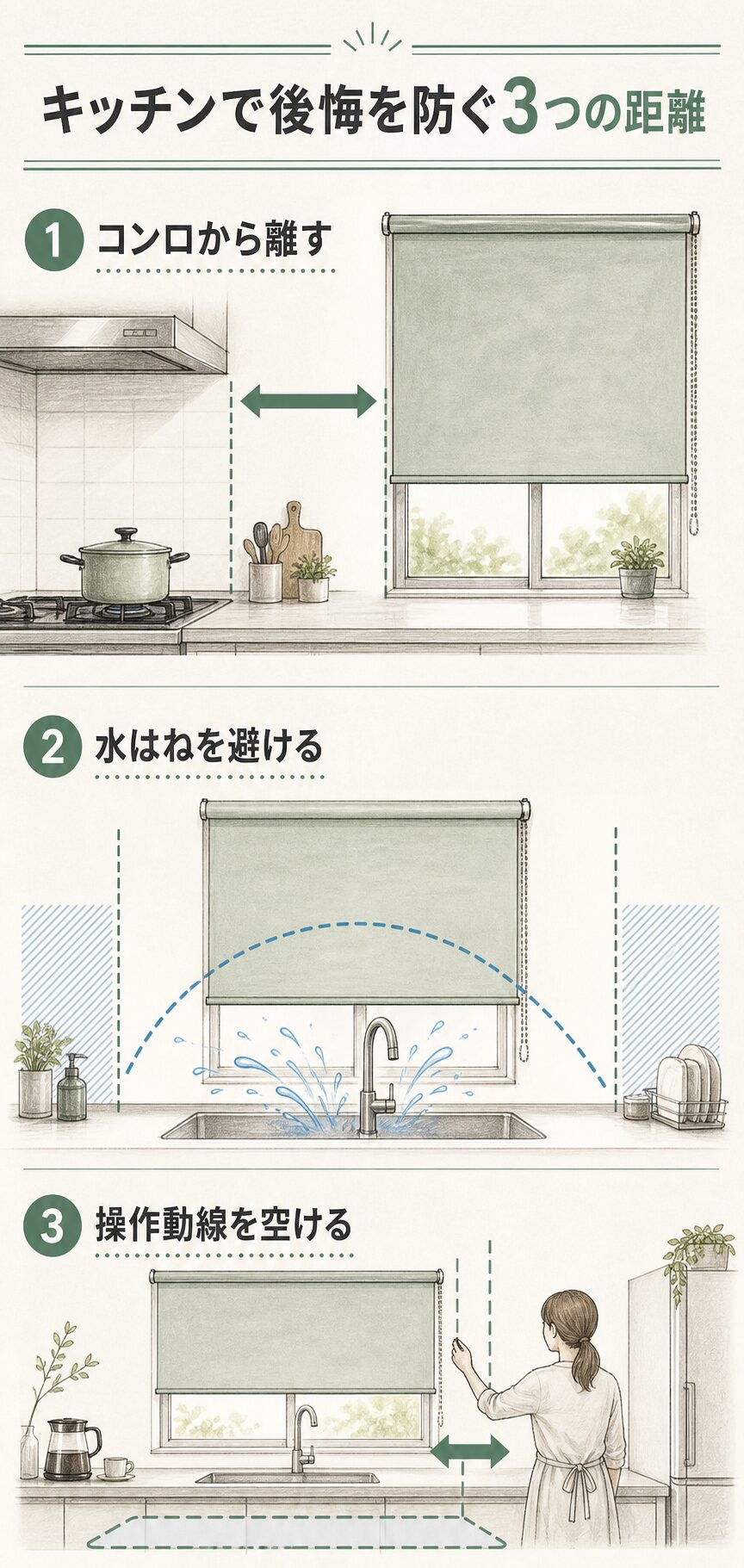 キッチンのロールスクリーンをコンロ・水はね・操作動線から確認する図解