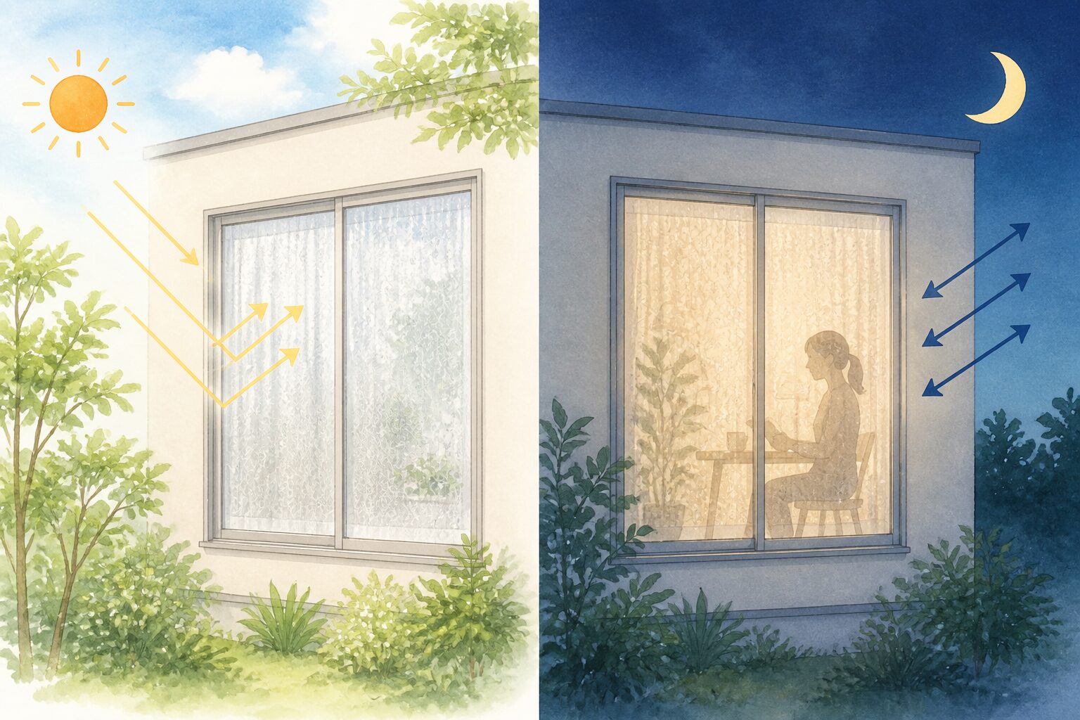 昼は屋外光を反射し夜は明るい室内が外から見えやすくなるミラーレースの変化の図