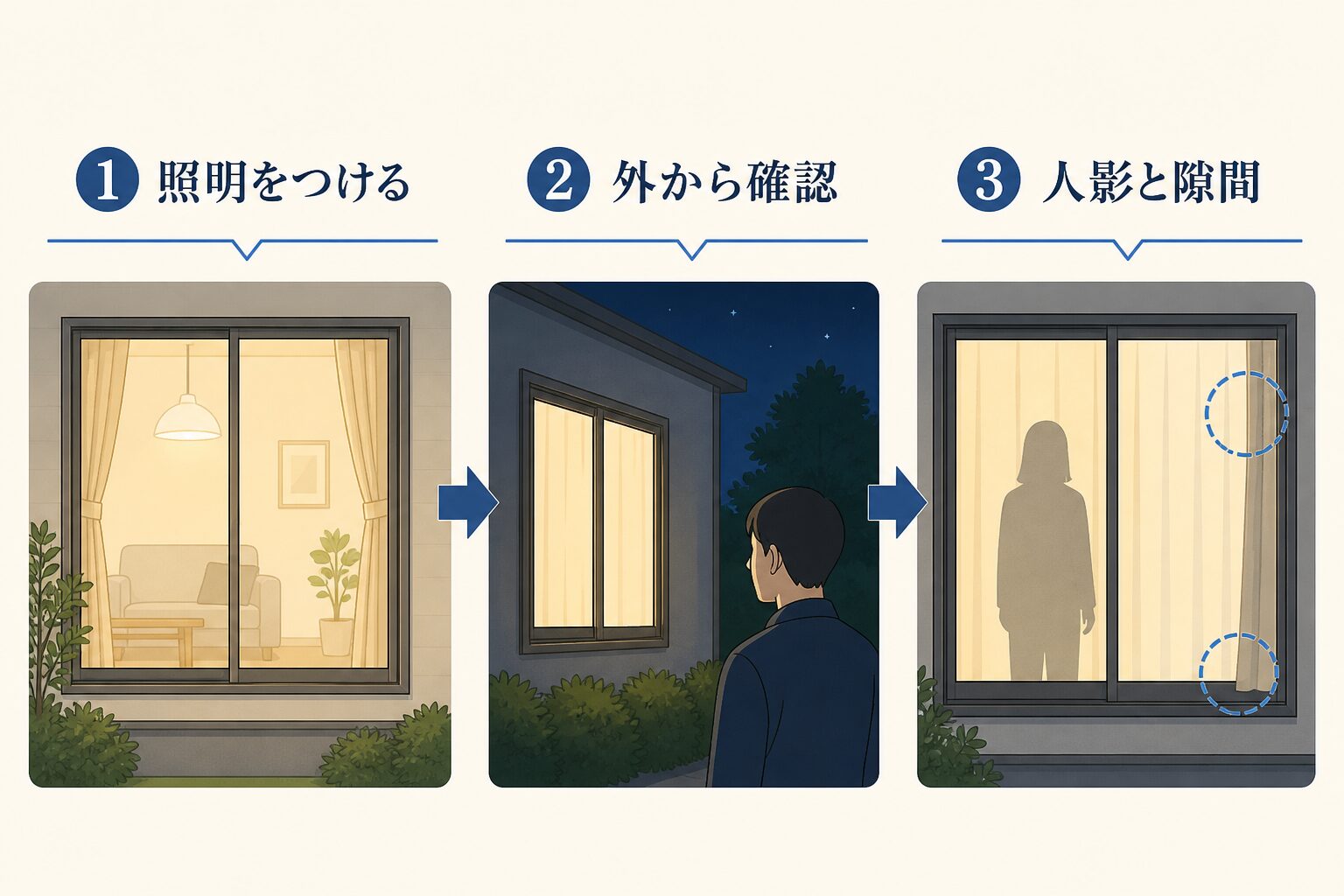 照明をつけ、外から人影とカーテン端の隙間を確認する夜間テスト手順