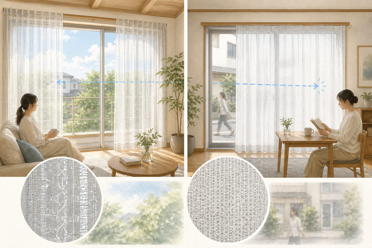 明るさを優先する部屋と視線対策を優先する部屋でレースカーテンを比較した図解