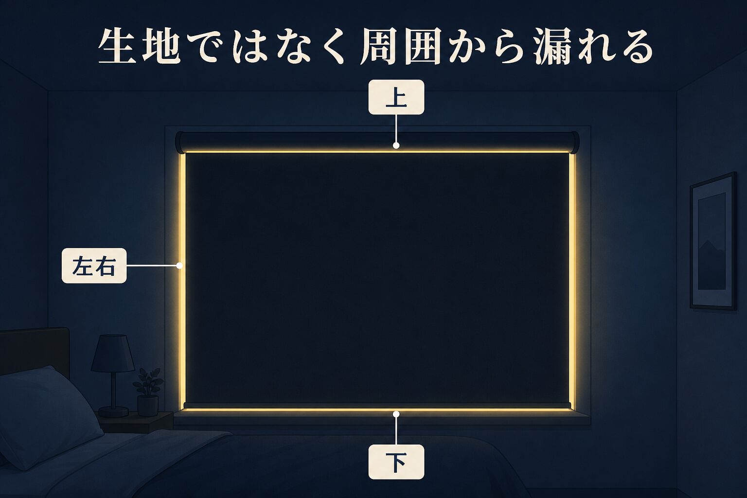 遮光生地の左右・上・下から光が漏れる位置を示した図解
