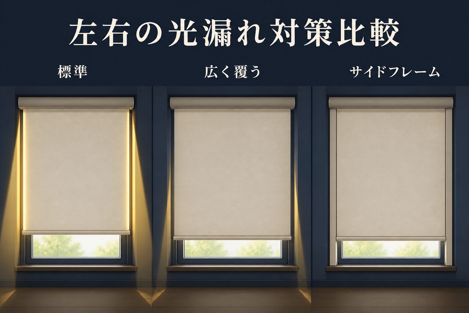 標準取付・広く覆う取付・サイドフレームを比較した図解