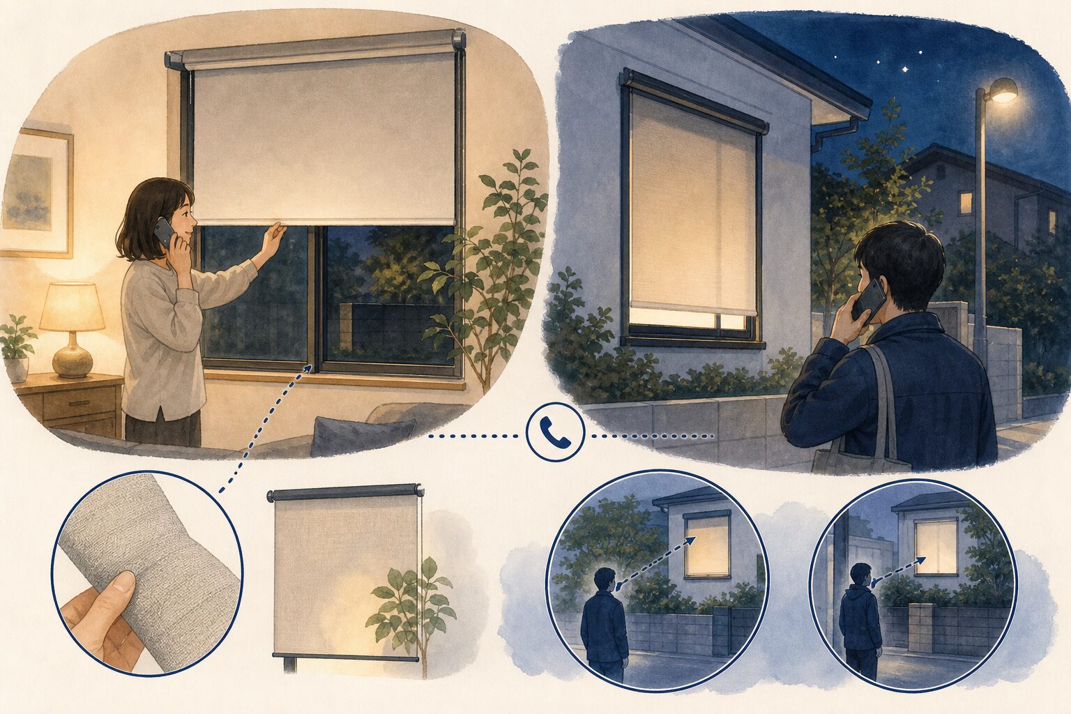 室内を普段の明るさにして二人で外から見え方を確認する手順の図
